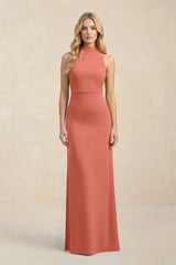 High Neck Sheath Chiffon Bridesmaid Dress With Slit in Wild Rose - KISS BRIDAL Bridesmaid Dresses