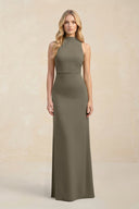 High Neck Sheath Chiffon Bridesmaid Dress With Slit in Willow Green - SHE IS ME Bridesmaid Dresses