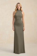 High Neck Sheath Chiffon Bridesmaid Dress With Slit in Willow Green - KISS BRIDAL Bridesmaid Dresses