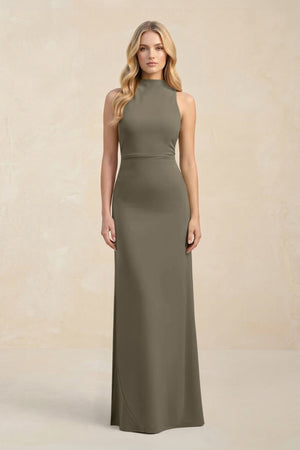 High Neck Sheath Chiffon Bridesmaid Dress With Slit in Willow Green - SHE IS ME Bridesmaid Dresses