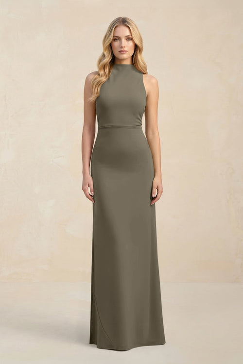 High Neck Sheath Chiffon Bridesmaid Dress With Slit in Willow Green - SHE IS ME Bridesmaid Dresses