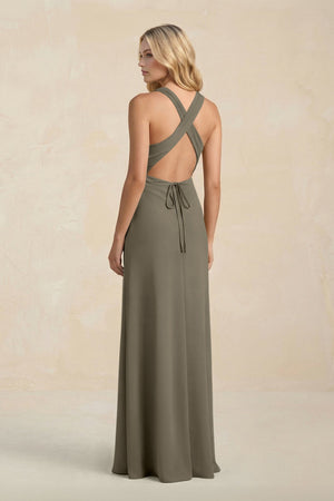 High Neck Sheath Chiffon Bridesmaid Dress With Slit in Willow Green - SHE IS ME Bridesmaid Dresses