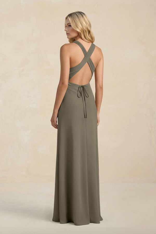 High Neck Sheath Chiffon Bridesmaid Dress With Slit in Willow Green - SHE IS ME Bridesmaid Dresses