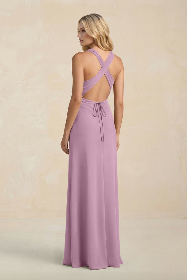 High Neck Sheath Chiffon Bridesmaid Dress With Slit in Wisteria - SHE IS ME Bridesmaid Dresses