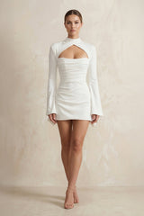 High - Neck Sheath Keyhole Satin Long Sleeves Wedding Dress in White - KISS BRIDAL Wedding Dresses