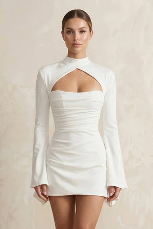 High - Neck Sheath Keyhole Satin Long Sleeves Wedding Dress in White - SHE IS ME Wedding Dresses