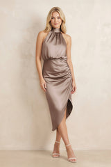 High Neck Sheath Ruched Bridesmaid Dress With Bow in Almond - KISS BRIDAL Bridesmaid Dresses