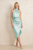 High Neck Sheath Ruched Bridesmaid Dress With Bow in Bleached Aqua - KISS BRIDAL Bridesmaid Dresses