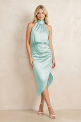 High Neck Sheath Ruched Bridesmaid Dress With Bow in Bleached Aqua - KISS BRIDAL Bridesmaid Dresses