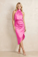 High Neck Sheath Ruched Bridesmaid Dress With Bow in Bon Bon Pink - KISS BRIDAL Bridesmaid Dresses