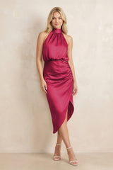 High Neck Sheath Ruched Bridesmaid Dress With Bow in Burgundy - KISS BRIDAL Bridesmaid Dresses