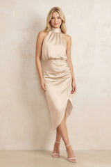 High Neck Sheath Ruched Bridesmaid Dress With Bow in Champagne - KISS BRIDAL Bridesmaid Dresses