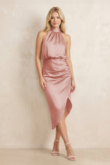 High Neck Sheath Ruched Bridesmaid Dress With Bow in Champagne Rose - KISS BRIDAL Bridesmaid Dresses