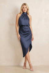 High Neck Sheath Ruched Bridesmaid Dress With Bow in Dark Navy - KISS BRIDAL Bridesmaid Dresses