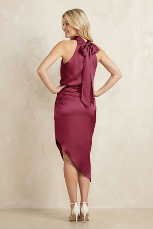 High Neck Sheath Ruched Bridesmaid Dress With Bow in Desert Rose - KISS BRIDAL Bridesmaid Dresses