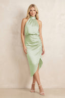 High Neck Sheath Ruched Bridesmaid Dress With Bow in Dusty Sage - KISS BRIDAL Bridesmaid Dresses