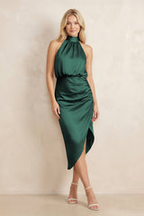 High Neck Sheath Ruched Bridesmaid Dress With Bow in Emerald - KISS BRIDAL Bridesmaid Dresses