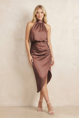 High Neck Sheath Ruched Bridesmaid Dress With Bow in Espresso - KISS BRIDAL Bridesmaid Dresses