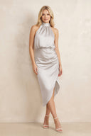 High Neck Sheath Ruched Bridesmaid Dress With Bow in Frost - KISS BRIDAL Bridesmaid Dresses