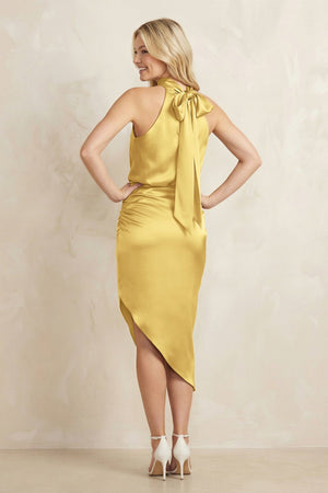 High Neck Sheath Ruched Bridesmaid Dress With Bow in Gold - KISS BRIDAL Bridesmaid Dresses