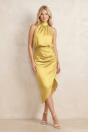 High Neck Sheath Ruched Bridesmaid Dress With Bow in Gold - KISS BRIDAL Bridesmaid Dresses