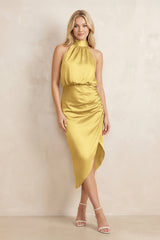 High Neck Sheath Ruched Bridesmaid Dress With Bow in Gold - KISS BRIDAL Bridesmaid Dresses