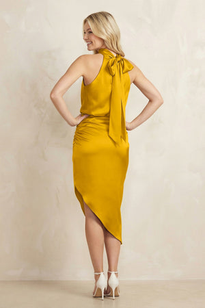 High Neck Sheath Ruched Bridesmaid Dress With Bow in Marigold - KISS BRIDAL Bridesmaid Dresses
