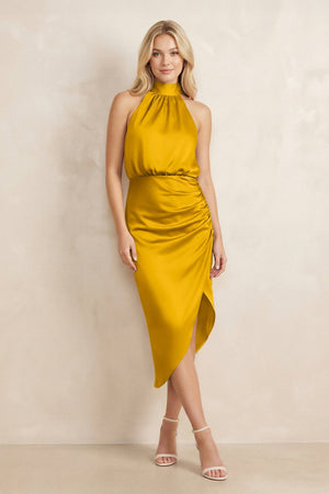 High Neck Sheath Ruched Bridesmaid Dress With Bow in Marigold - KISS BRIDAL Bridesmaid Dresses
