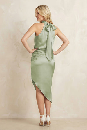 High Neck Sheath Ruched Bridesmaid Dress With Bow in Matcha - KISS BRIDAL Bridesmaid Dresses