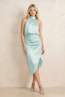 High Neck Sheath Ruched Bridesmaid Dress With Bow in Mist - KISS BRIDAL Bridesmaid Dresses