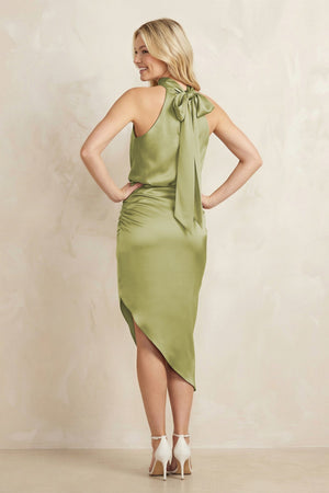 High Neck Sheath Ruched Bridesmaid Dress With Bow in Moss Green - KISS BRIDAL Bridesmaid Dresses