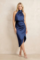 High Neck Sheath Ruched Bridesmaid Dress With Bow in Navy - KISS BRIDAL Bridesmaid Dresses
