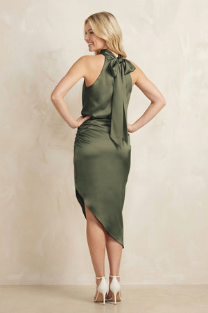 High Neck Sheath Ruched Bridesmaid Dress With Bow in Olive - KISS BRIDAL Bridesmaid Dresses