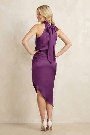 High Neck Sheath Ruched Bridesmaid Dress With Bow in Plum - KISS BRIDAL Bridesmaid Dresses