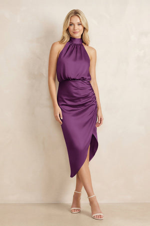 High Neck Sheath Ruched Bridesmaid Dress With Bow in Plum - KISS BRIDAL Bridesmaid Dresses
