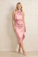 High Neck Sheath Ruched Bridesmaid Dress With Bow in Rosette - KISS BRIDAL Bridesmaid Dresses