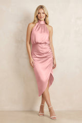 High Neck Sheath Ruched Bridesmaid Dress With Bow in Rosette - KISS BRIDAL Bridesmaid Dresses