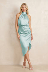 High Neck Sheath Ruched Bridesmaid Dress With Bow in Sage - KISS BRIDAL Bridesmaid Dresses