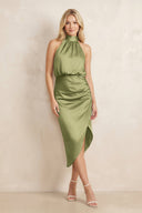 High Neck Sheath Ruched Bridesmaid Dress With Bow in Thyme - KISS BRIDAL Bridesmaid Dresses