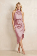 High Neck Sheath Ruched Bridesmaid Dress With Bow in Toffee - SHE IS ME Bridesmaid Dresses