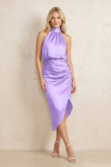 High Neck Sheath Ruched Bridesmaid Dress With Bow in Vintage Mauve - KISS BRIDAL Bridesmaid Dresses