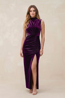 High Neck Sheath Velvet Bridesmaid Dress With Slit in Amethyst - KISS BRIDAL Bridesmaid Dresses