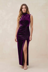High Neck Sheath Velvet Bridesmaid Dress With Slit in Amethyst - KISS BRIDAL Bridesmaid Dresses