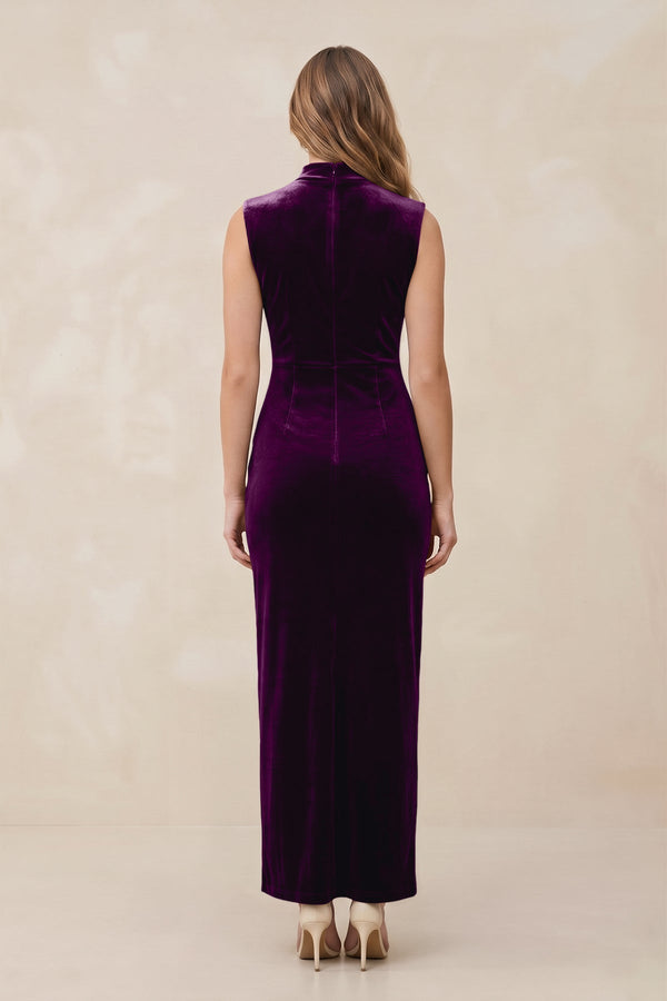 High Neck Sheath Velvet Bridesmaid Dress With Slit in Amethyst - KISS BRIDAL Bridesmaid Dresses