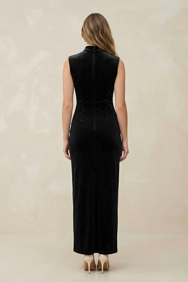 High Neck Sheath Velvet Bridesmaid Dress With Slit in Black - KISS BRIDAL Bridesmaid Dresses