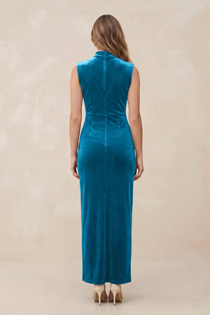 High Neck Sheath Velvet Bridesmaid Dress With Slit in Blue Jay - KISS BRIDAL Bridesmaid Dresses