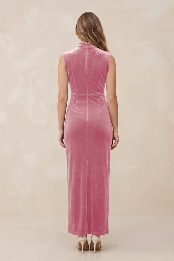 High Neck Sheath Velvet Bridesmaid Dress With Slit in Blush Pink - KISS BRIDAL Bridesmaid Dresses