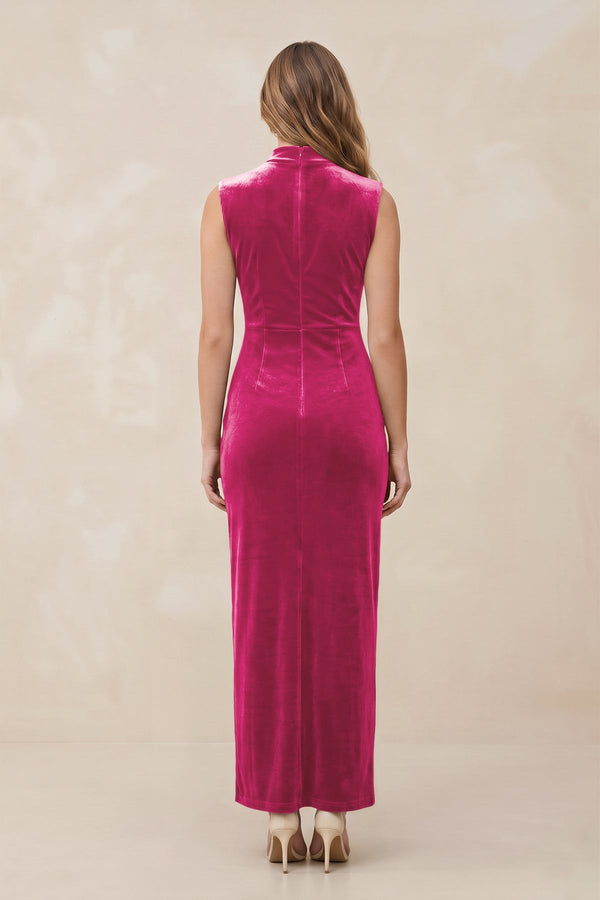 High Neck Sheath Velvet Bridesmaid Dress With Slit in Bon Bon Pink - KISS BRIDAL Bridesmaid Dresses
