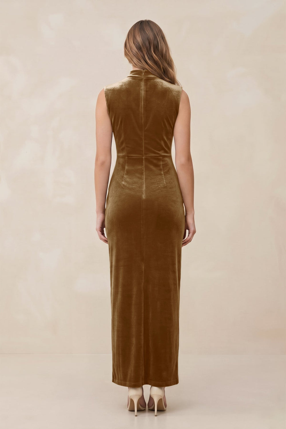 High Neck Sheath Velvet Bridesmaid Dress With Slit in Bronzer - KISS BRIDAL Bridesmaid Dresses