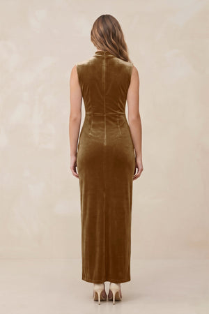 High Neck Sheath Velvet Bridesmaid Dress With Slit in Bronzer - KISS BRIDAL Bridesmaid Dresses